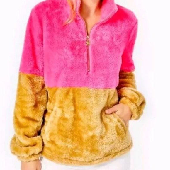 Lilly Pulitzer Quarter‎ Zip Women's XL Keala Sherpa Popover Pullover Pink/Tan - Picture 5 of 7